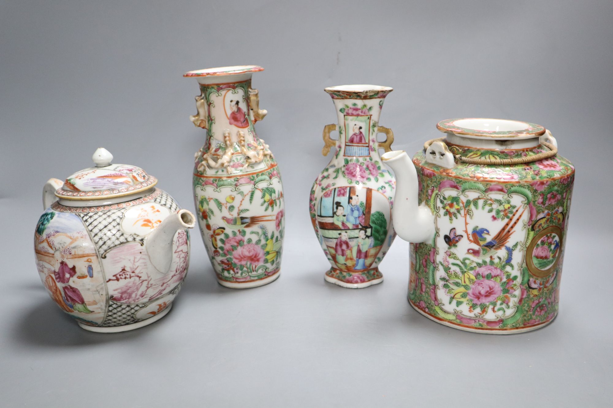 A group of Chinese famille rose tea wares and vases, 18th/19th century, tallest 20cm, (8), damage